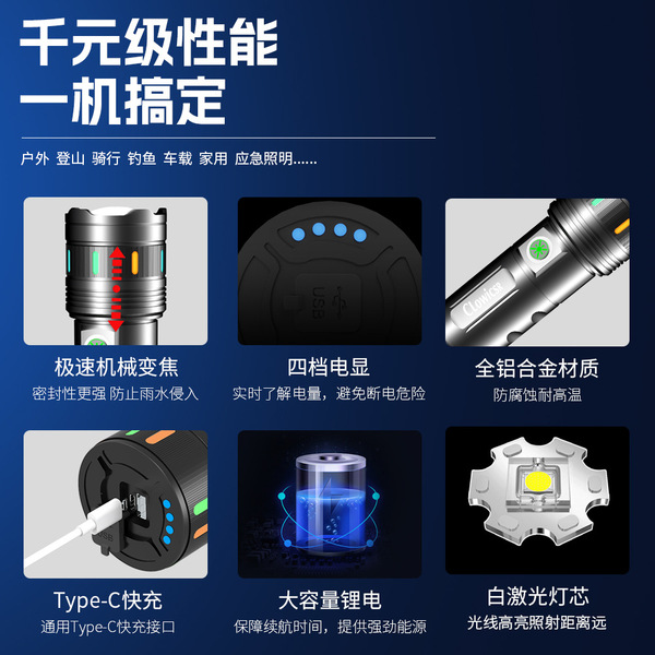 Picture of Outdoor flashlight ultra-long-range ultra-bright three-wick large-capacity long-endurance multi-function rechargeable flashlight