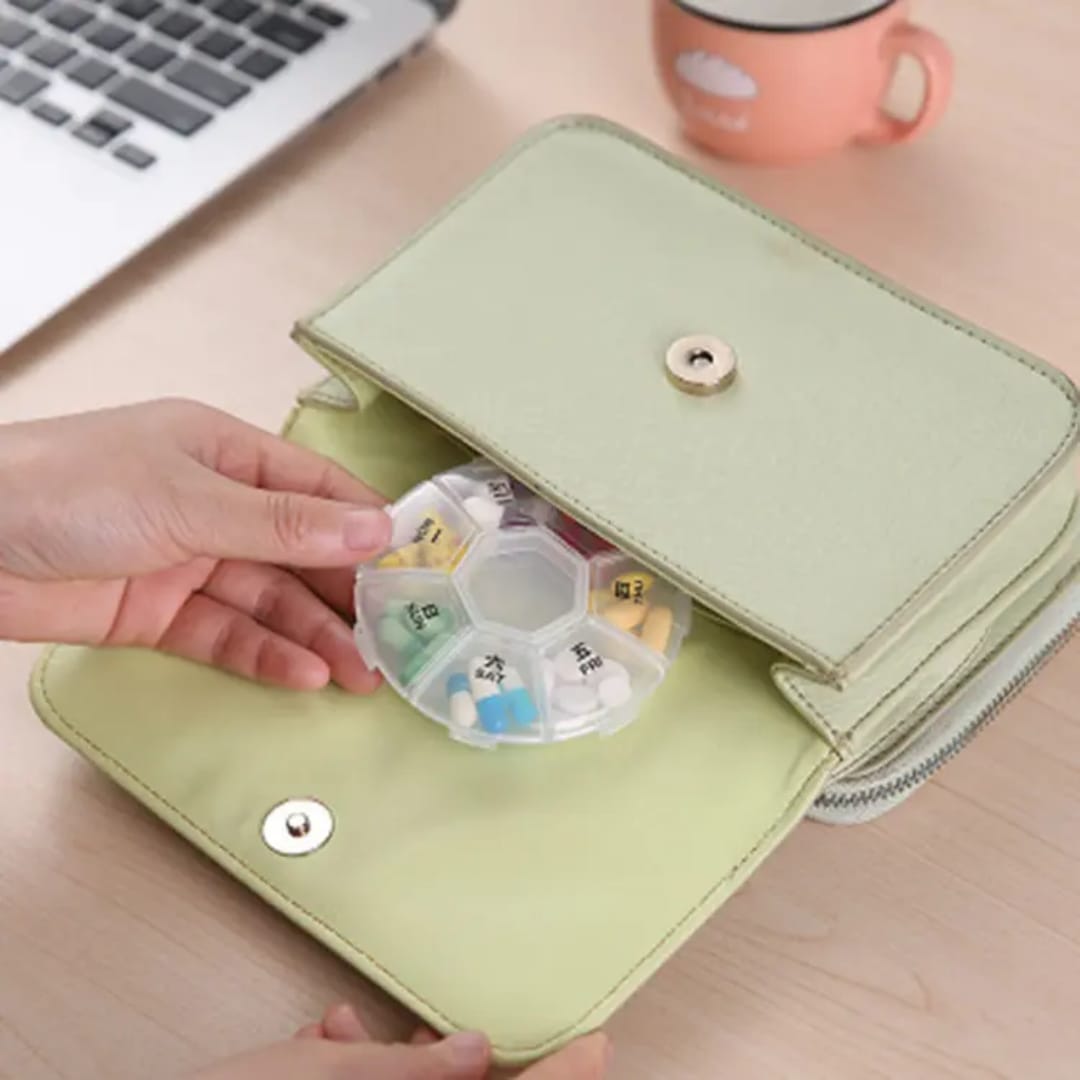 Picture of 7 Compartments Portable Round Mini Plastic Pill Box Medicine Box Travel Pill Storage Case 7 Days Weekly Pill Organizer