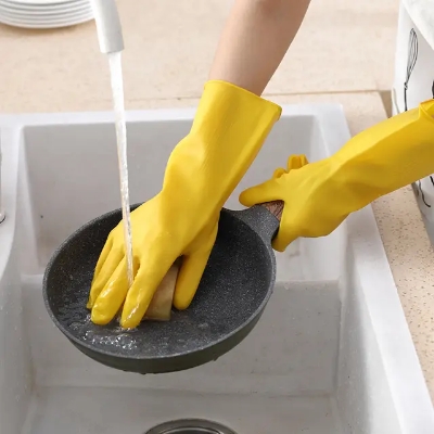 Picture of Rubber Safety Hand Gloves Yellow Latex Use for Kitchen, Resist Oil, Acids, Chemical, Gardening. pack of 1 pair Half Hand Kitchen Gloves - 2 pcs