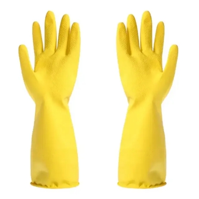 Picture of Rubber Safety Hand Gloves Yellow Latex Use for Kitchen, Resist Oil, Acids, Chemical, Gardening. pack of 1 pair Half Hand Kitchen Gloves - 2 pcs