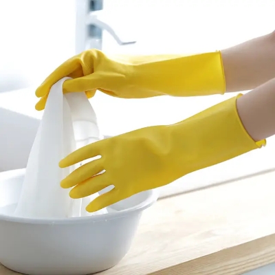 Picture of Rubber Safety Hand Gloves Yellow Latex Use for Kitchen, Resist Oil, Acids, Chemical, Gardening. pack of 1 pair Half Hand Kitchen Gloves - 2 pcs