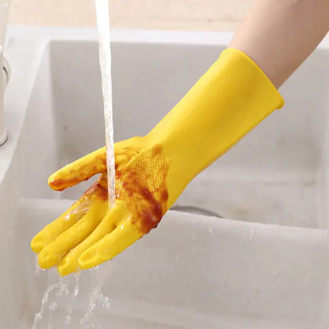 Picture of Rubber Safety Hand Gloves Yellow Latex Use for Kitchen, Resist Oil, Acids, Chemical, Gardening. pack of 1 pair Half Hand Kitchen Gloves - 2 pcs