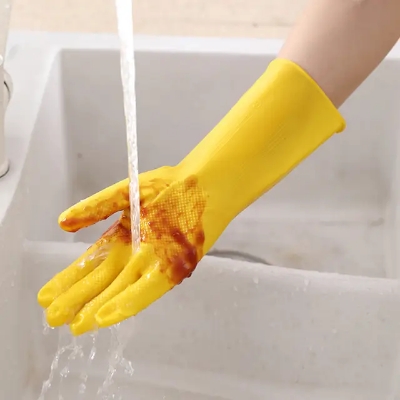 Picture of Rubber Safety Hand Gloves Yellow Latex Use for Kitchen, Resist Oil, Acids, Chemical, Gardening. pack of 1 pair Half Hand Kitchen Gloves - 2 pcs