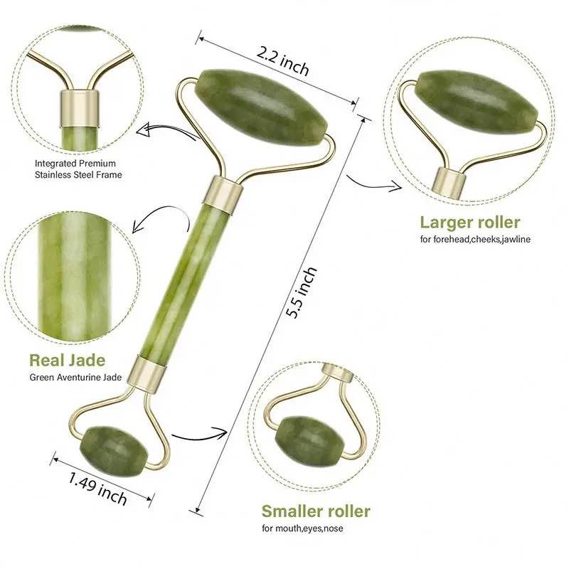 Picture of Green Natural Jade Massage Spa Rollers + Gua Sha Board Scrapers Set for face body relaxation anti-aging message