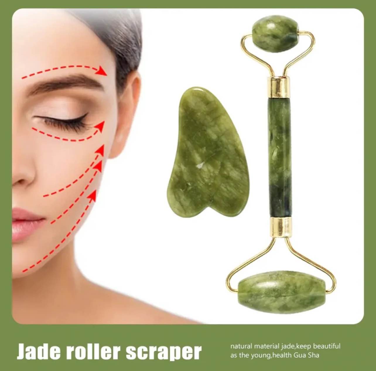 Picture of Green Natural Jade Massage Spa Rollers + Gua Sha Board Scrapers Set for face body relaxation anti-aging message