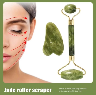 Picture of Green Natural Jade Massage Spa Rollers + Gua Sha Board Scrapers Set for face body relaxation anti-aging message