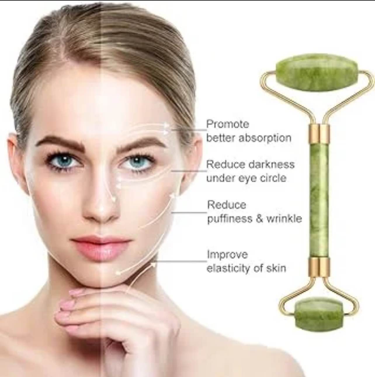 Picture of Green Natural Jade Massage Spa Rollers + Gua Sha Board Scrapers Set for face body relaxation anti-aging message