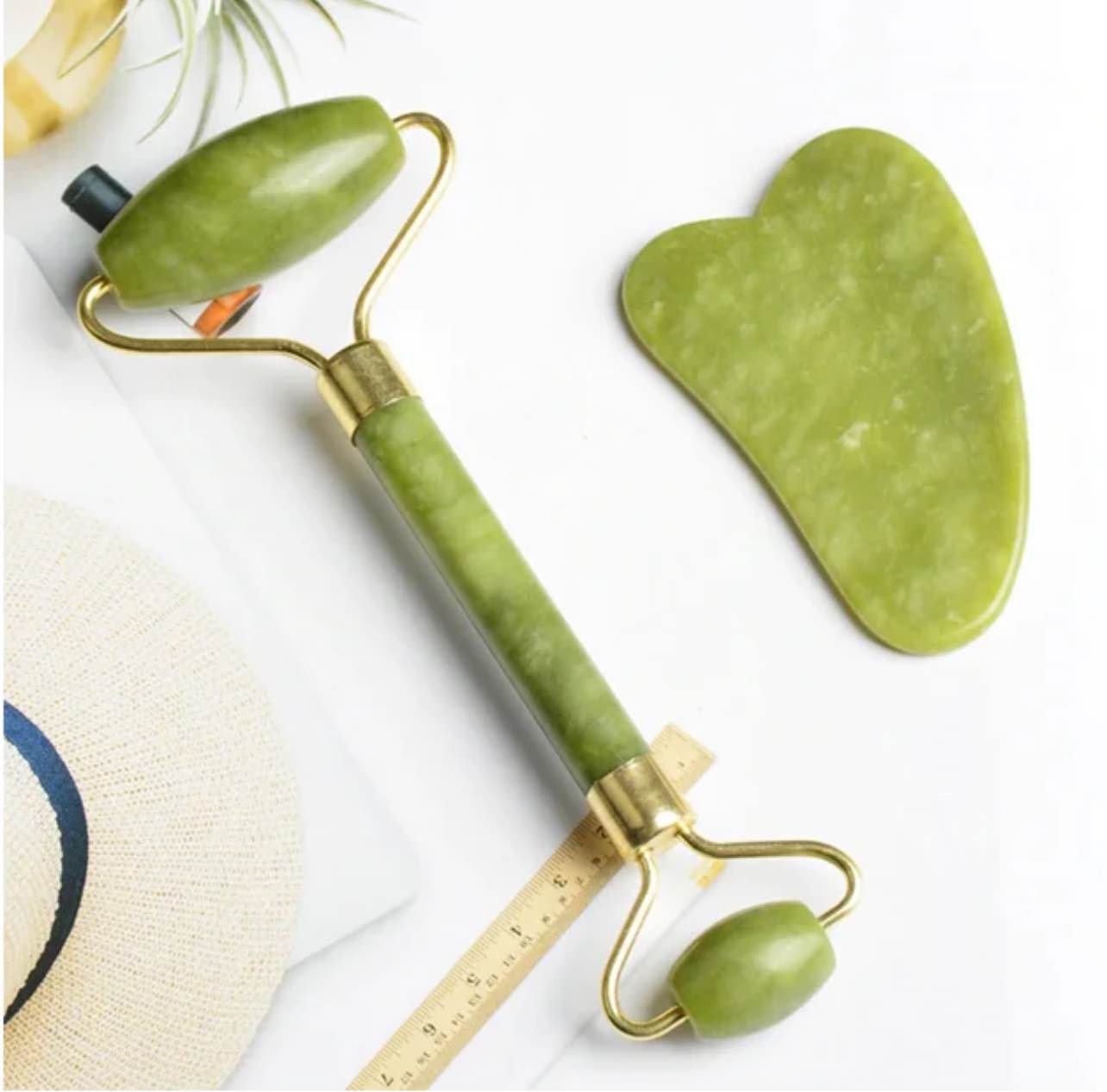 Picture of Green Natural Jade Massage Spa Rollers + Gua Sha Board Scrapers Set for face body relaxation anti-aging message