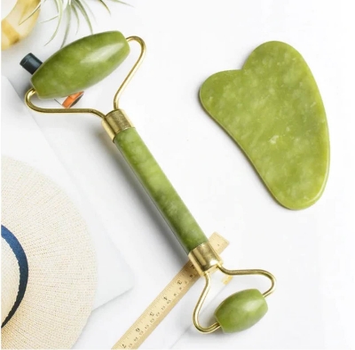 Picture of Green Natural Jade Massage Spa Rollers + Gua Sha Board Scrapers Set for face body relaxation anti-aging message