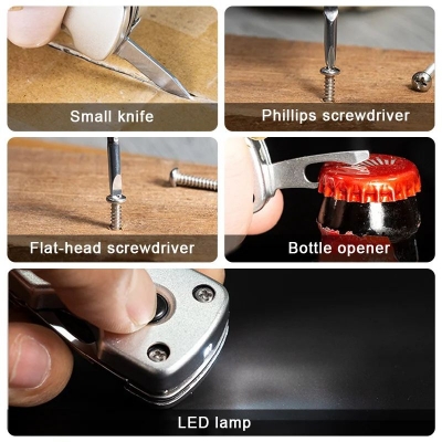 Picture of Multi-functional Keychain cutter Outdoor 6-in-1 Folding Mini Screwdriver Stainless Steel Tool  with LED Keychain