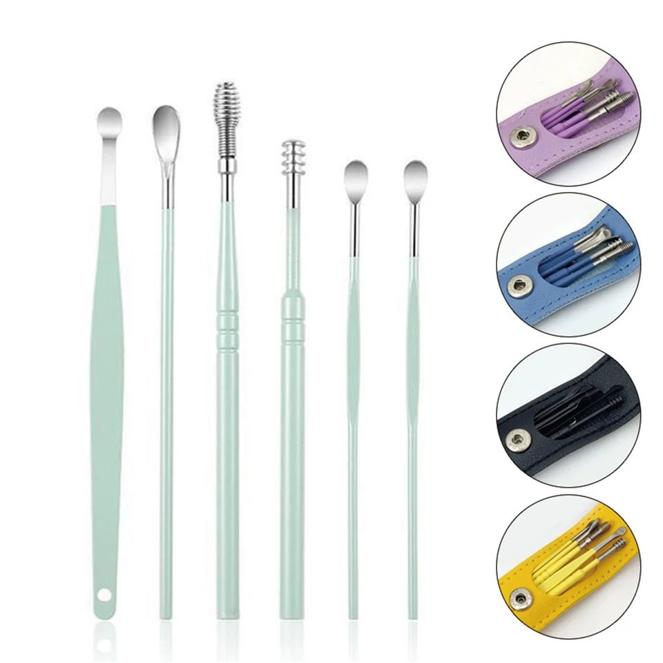Picture of 6 Pcs Ear Wax Removal Tool Portable Stainless Steel Earwax Remover Cleaner Kit Earpick Spring Ear Wax Spoon Cleaning Set