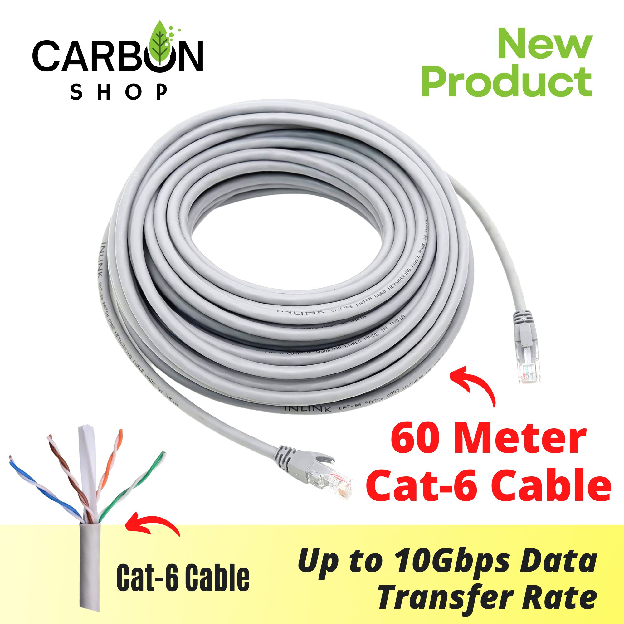 Picture of 60 Meter Cat 6 Gigabit Ethernet Cable Network Patch Cord Cable LAN Adapter Internet Copper Twisted Wire LAN Cable Plug Connector for Laptop Mac PC WIFI CC Camera Smart TV Box Android