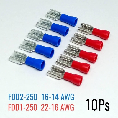 Picture of Cable Lugs FDD1-250 & FDD2-250 Female Type Red 22-16AWG and Blue 16-14AWG Colour-10pcs of 1Lot