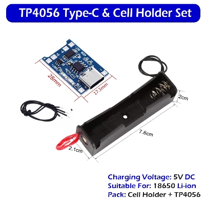 Picture of Type-C TP4056 5V 1A Li-ion Battery Charging Module and 18650 Single Cell Holder Lithium Battery Charging Kit