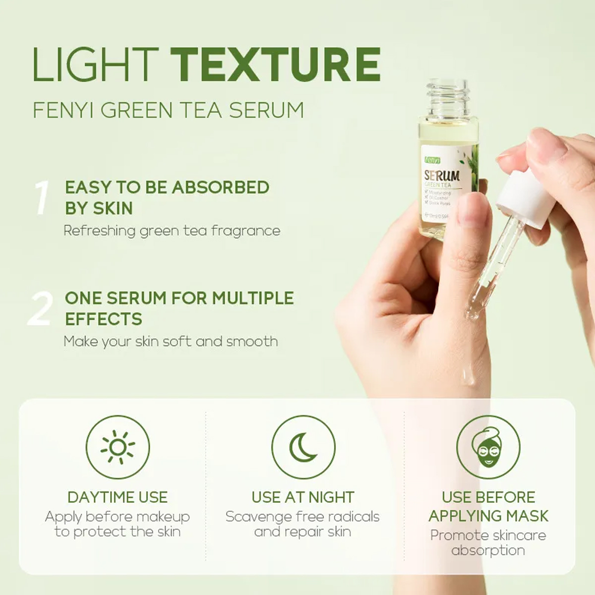 Picture of Fenyi Green Tea Facial Serum Sodium Hyaluronic Acid Shrink Pore Moisturizing Oil Control Soothing Acne Skin 17ml