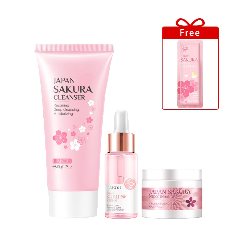 Picture of LAIKOU Sakura Skin Care Set Face Cleanser 50g + Sakura Serum 17ml + Face Cream 25g Brightening Set-3pcs
