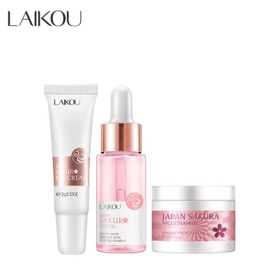 Picture of LAIKOU Sakura Cleansing Skincare Set Cleanser Serum Face Cream Whitening Shrink Pore Moisturizing Remove Wrinkle Skin Care For Dark Spots Pores Melasma -3pcs