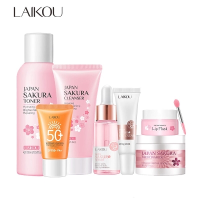 Picture of LAIKOU Japan Sakura Toner/ Sunscreen SPF50+ / Cleanser/Serum/Eye Cream/ Essence Cream /Lip Mask Combo set -7 pcs