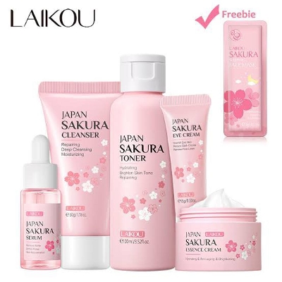 Picture of LAIKOU Japan Sakura Skincare 5PCS Set - Brighten Skin Tone Hydrating Anti-aging Deep Nourishing - Cleanser Serum Toner Face Cream Eye Cream Facial Skin Care Value Sets(With 1 Freebie Sakura Sleeping Mask)