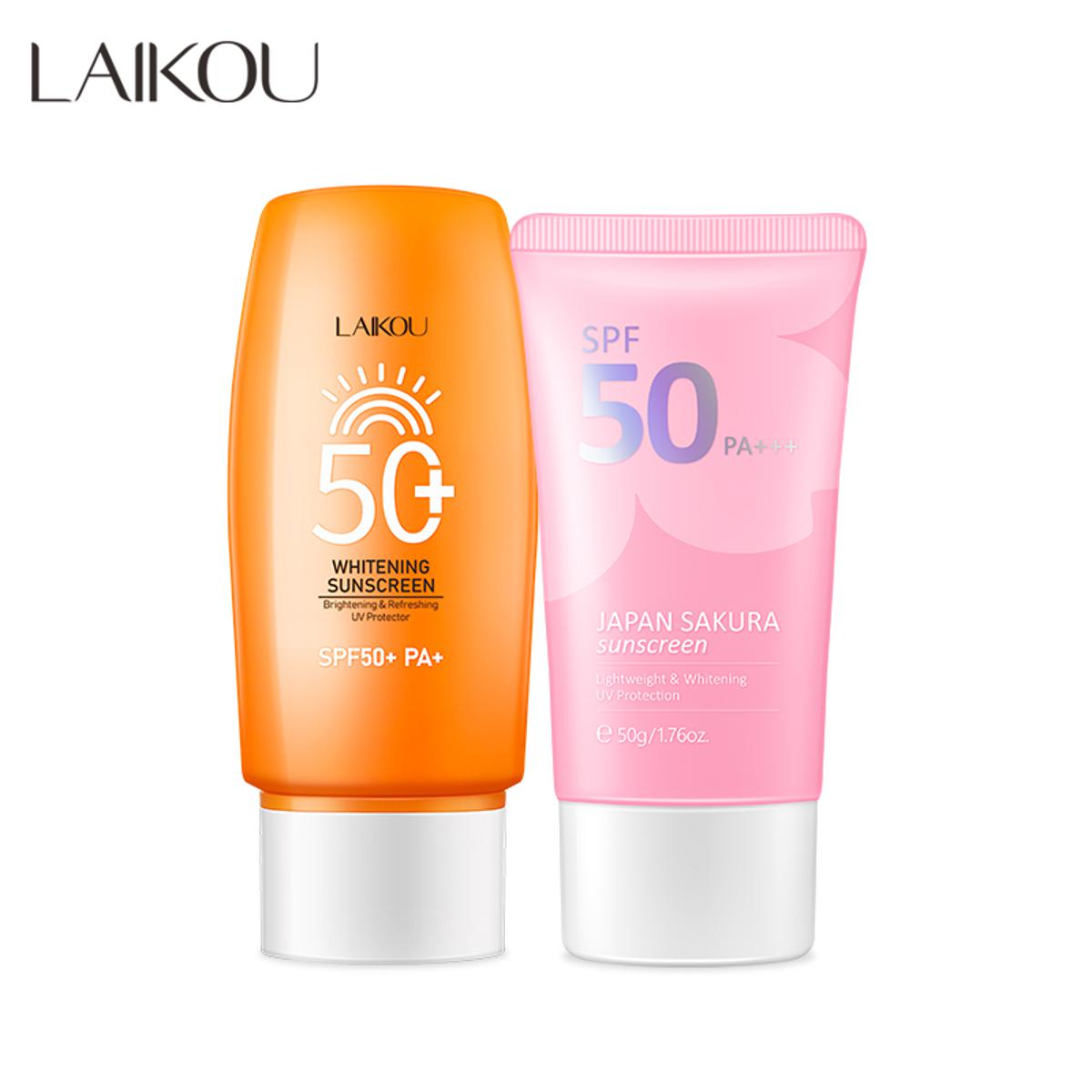 Picture of LAIKOU SPF50 PA+++ Face Sunscreen Sakura Refreshing UVA UVB Waterproof Sunblock 50g UV Protector- 2pcs