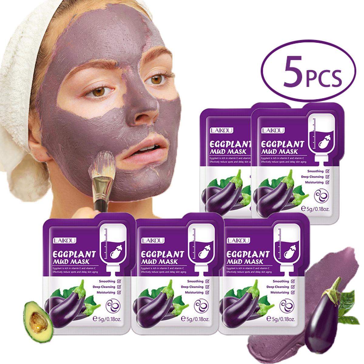 Picture of 5pcs LAIKOU Eggplant Mud Mask Oil Control Moisturizing Anti-Acne Anti Wrinkle Whitening Cleansing Clay Mask Skin Care Face Mask