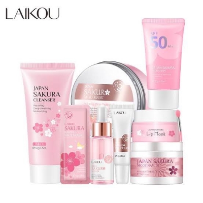 Picture of LAIKOU Sakura Face Serum Noirishing Essence Cream Sunscreen Reduce fine lines Facial Wash Cleansing Pores Sun Protection SPF 50+ Brightening Skin Rejuvenation- 8pcs Combo