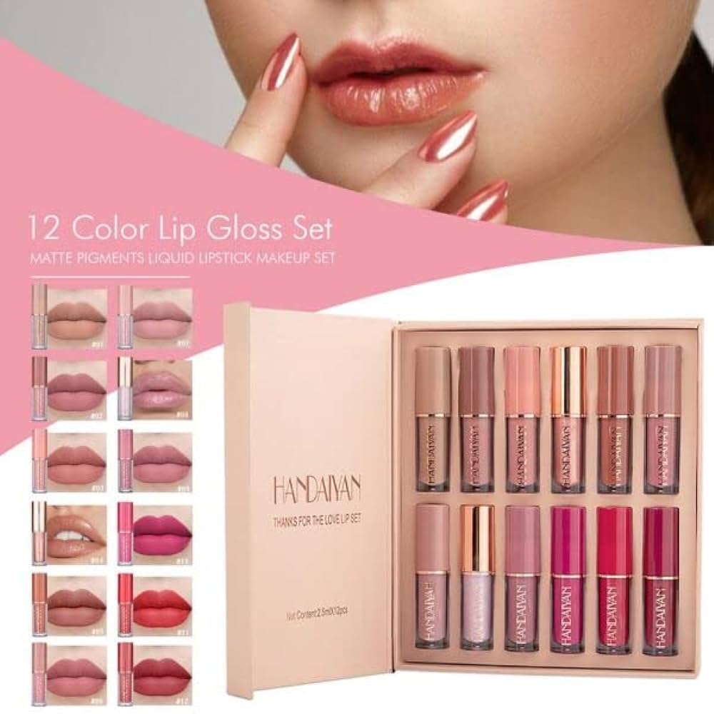 Picture of HANDAIYAN Private Label 12 Colors Matte Lustre Lipgloss Set Liquid Lipstick Vegan Makeup Cosmetic Non-stick Cup