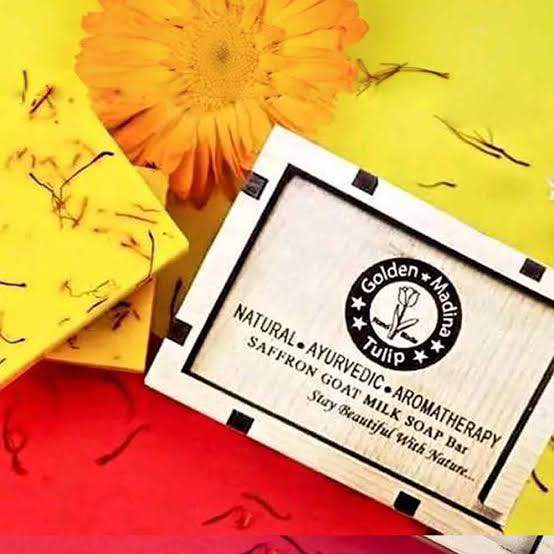 Picture of Golden Modina Tulip Saffron Goat Milk Soap With Wooden Box 100g