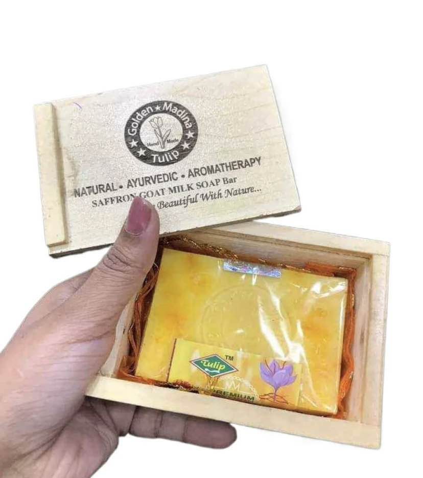 Picture of Golden Modina Tulip Saffron Goat Milk Soap With Wooden Box 100g