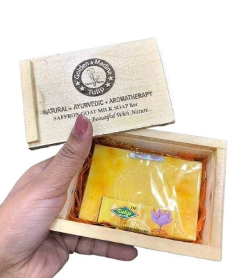Picture of Golden Modina Tulip Saffron Goat Milk Soap With Wooden Box 100g