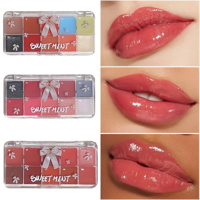 Picture of SWEET MINT Makeup Lip Gloss Moisturizing Long-lasting Watery Mirror Lip Tint Color Mixed Jelly Lipstick Palette-10-Color