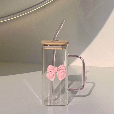 Picture of 350ML Square Mug with Lids and Straws with Bow Water Cup Household Cup Female Milk Coffee Cups with Pink Handle Gift