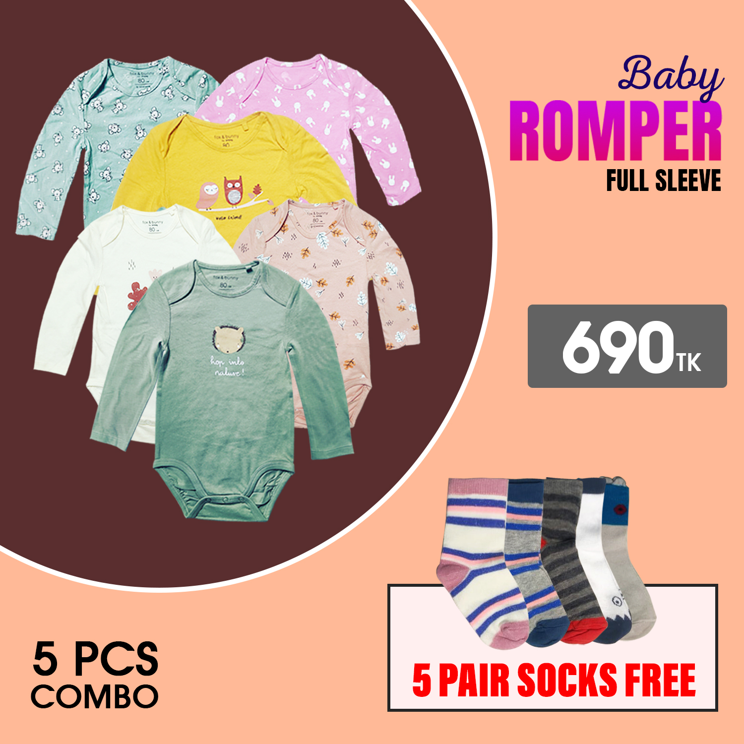 Picture of 5 PCS Full Sleeve Assorted Baby Romper, Bodysuit, Baby Keeper Unisex Zero 0 Month- 36 Month Cotton High Quality 5 Pair Socks Free