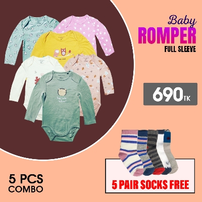Picture of 5 PCS Full Sleeve Assorted Baby Romper, Bodysuit, Baby Keeper Unisex Zero 0 Month- 36 Month Cotton High Quality 5 Pair Socks Free