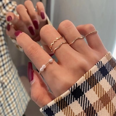 Picture of Ring Set Temperament Fashionable and Popular Women's Multi-layer Ring Twist Pearl Opening Beautiful Hand-tail Ring 5pcs Set - Ring