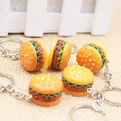Picture of 2021 Trendy car Keychain Bag Pendant Creative Cartoon Mini Hamburger Resin Key Ring Men Women Valentines Birthday Gift