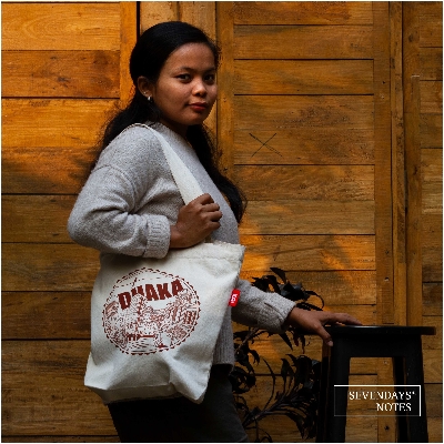 Picture of Sevendays Dhaka Line (Brown Print Round) White Canvas Tote Bag with Inside Pocket
