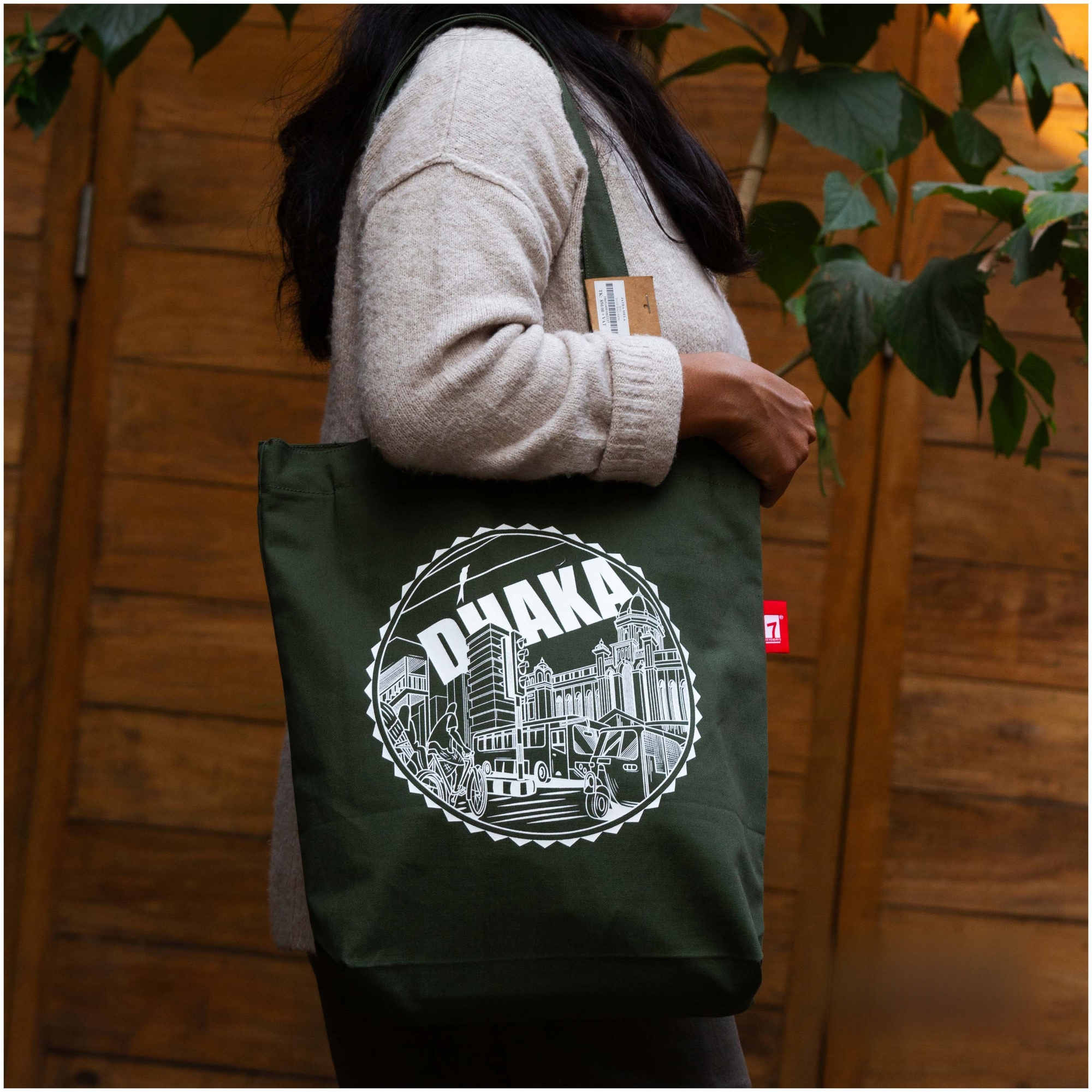 Picture of Sevendays Dhaka Line (White Print Round) Olive Canvas Tote Bag with Inside Pocket