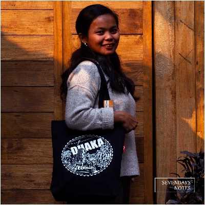 Picture of Sevendays Dhaka Line (Print Round) Black Canvas Tote Bag with Inside Pocket