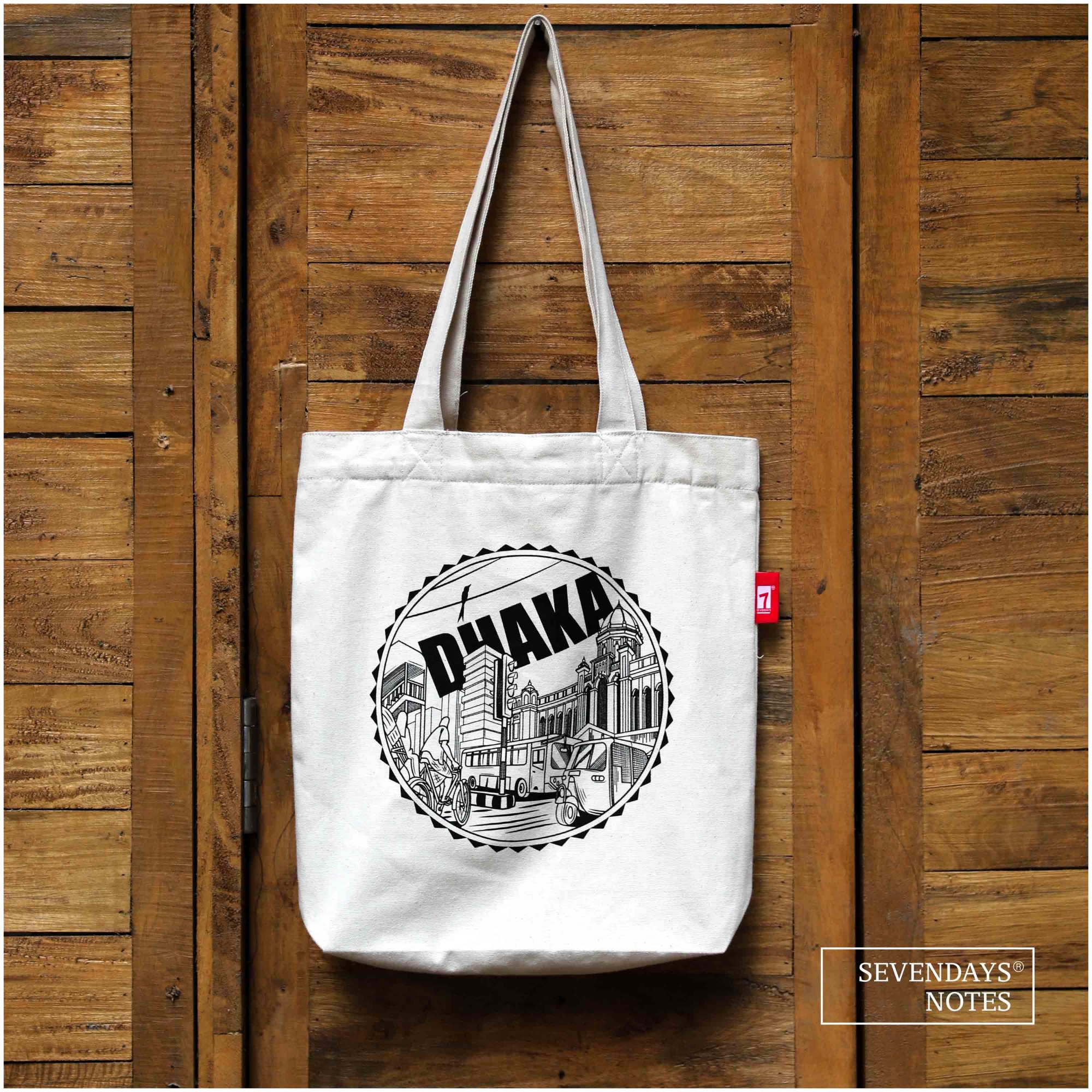 Picture of Sevendays Dhaka Line (Black Print Round) White Canvas Tote Bag with Inside Pocket