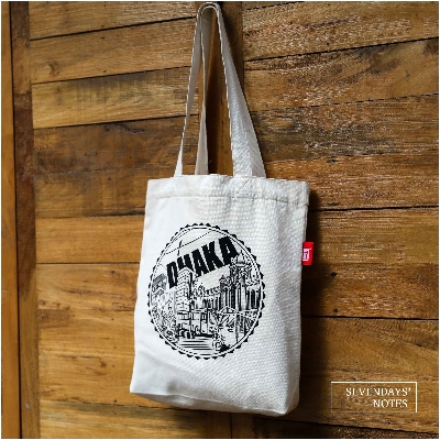 Picture of Sevendays Dhaka Line (Black Print Round) White Canvas Tote Bag with Inside Pocket