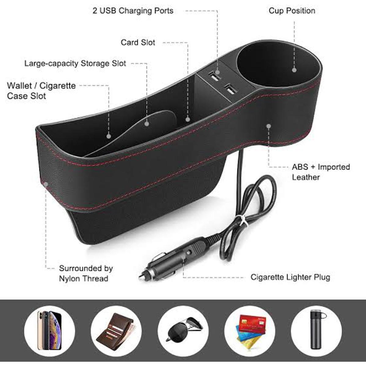 Picture of Car Seat Gap Organizer Multifunctional Car Seat Filler Leather Storage Box with Cup Holder Dual USB Charging for Cellphones,Keys,Cards,Wallets