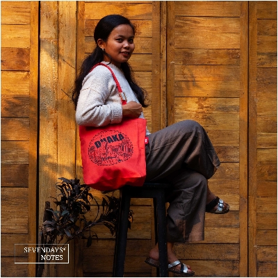Picture of Sevendays Dhaka Line (Black Print Round) Orange Canvas Tote Bag with Inside Pocket