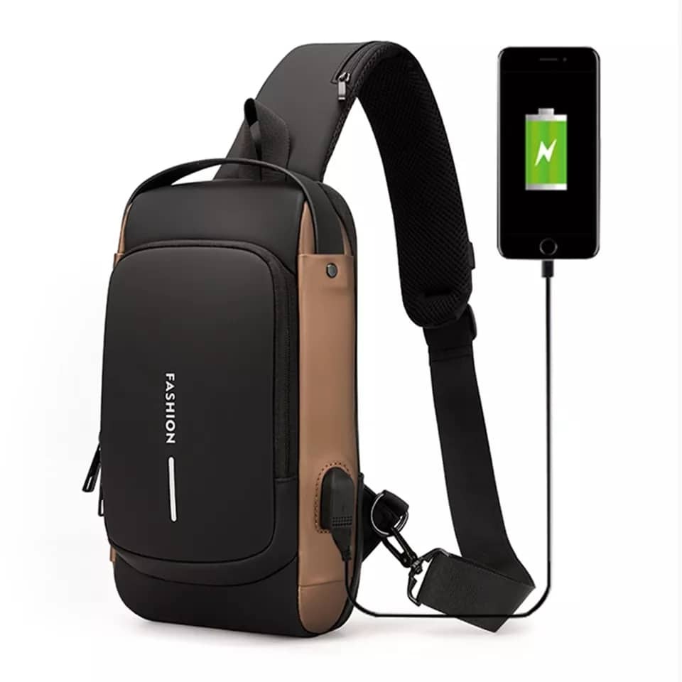 Picture of USB charging sport sling Anti-theft shoulder bag (brown shape