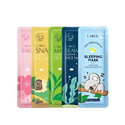 Picture of Laikou 5pcs Mix Sleeping Facial Mask, Japanese Sakura/Seaweed/Centella/Snail/Collagen Sleeping Mask, Keep Skin Moist And Smooth, Hydrating And Moisturizing, Soothing Damaged Skin And Increase Skin Elasticity Travel Essential