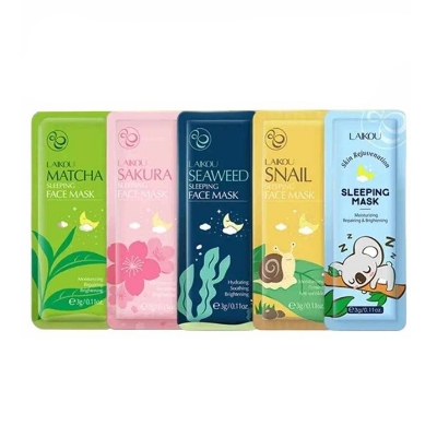 Picture of Laikou 10pcs Mix Sleeping Facial Mask, Japanese Sakura/Seaweed/Centella/Snail/Collagen Sleeping Mask, Keep Skin Moist And Smooth, Hydrating And Moisturizing, Soothing Damaged Skin And Increase Skin Elasticity Travel Essential