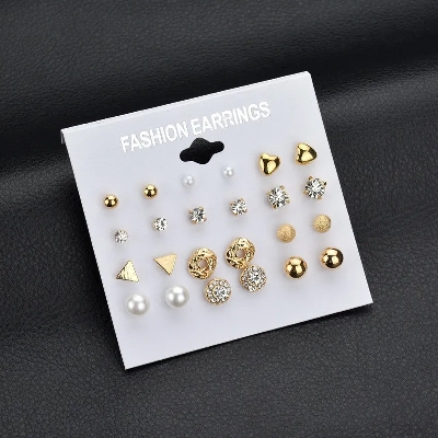 Picture of 12 Pairs/Set Fashion Crystal Simulated Pearl Ear Studs for Women