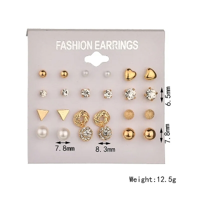 Picture of 12 Pairs/Set Fashion Crystal Simulated Pearl Ear Studs for Women