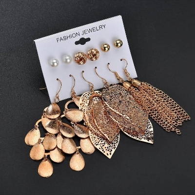 Picture of 6 Pairs of plate pearl earrings set hollow leaf woven earrings jewelry