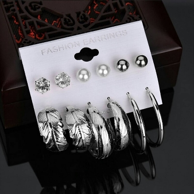 Picture of 6 Pairs of Rhinestone Set Big Circle Leaf Earring for Women Fashion Jewelry